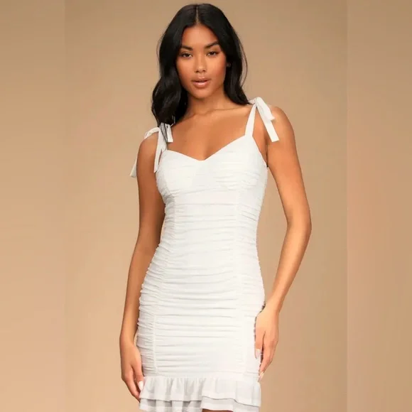 green emerald velvet dress Amy Short White Graduation Dress with Ruffles White / XSmall main image 1